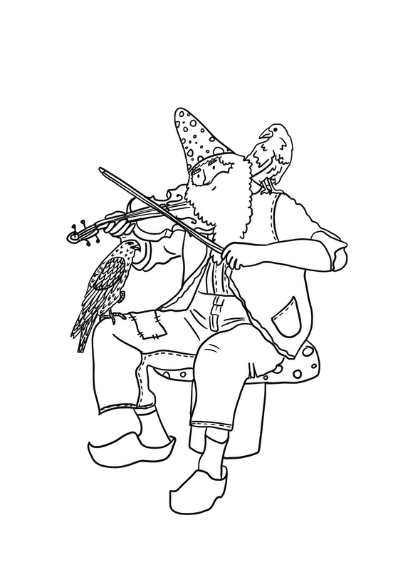 A little person from Manx folklore sat on a toadstool. He is playing the fiddle and has a Raven sat on his shoulder and a Cormorant sat on his knee